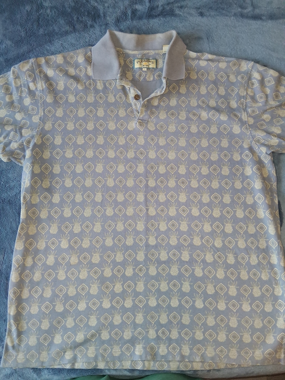Pussers Mens XL Tropical Pineapple Polo Shirt Blue Yellow Hawaiian Golf Tee